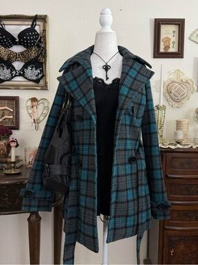 y2k preppy twee whimsical teal blue and gray cozy plaid coat
